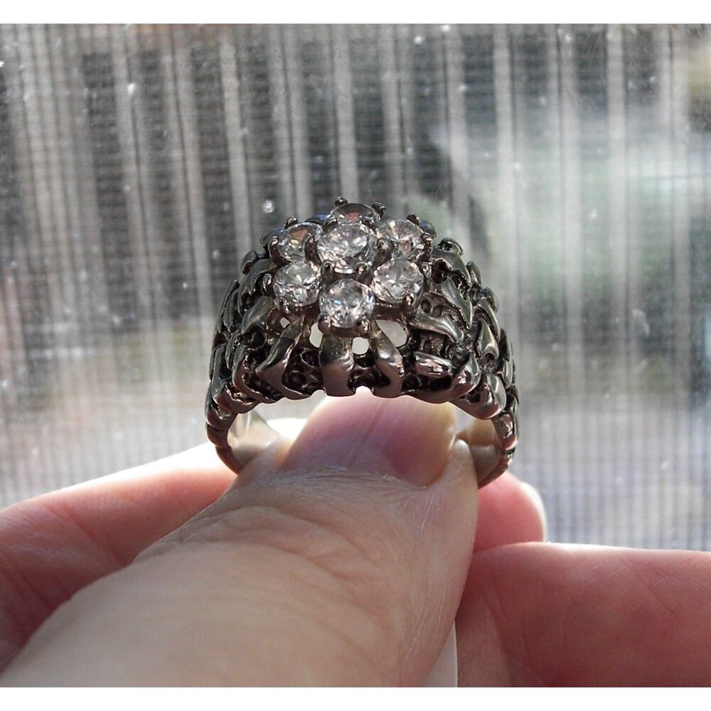 Men's Cubic Zirconia Nugget Ring 7 Stone Cluster Stainless Steel High Polished - Picture 7 of 15